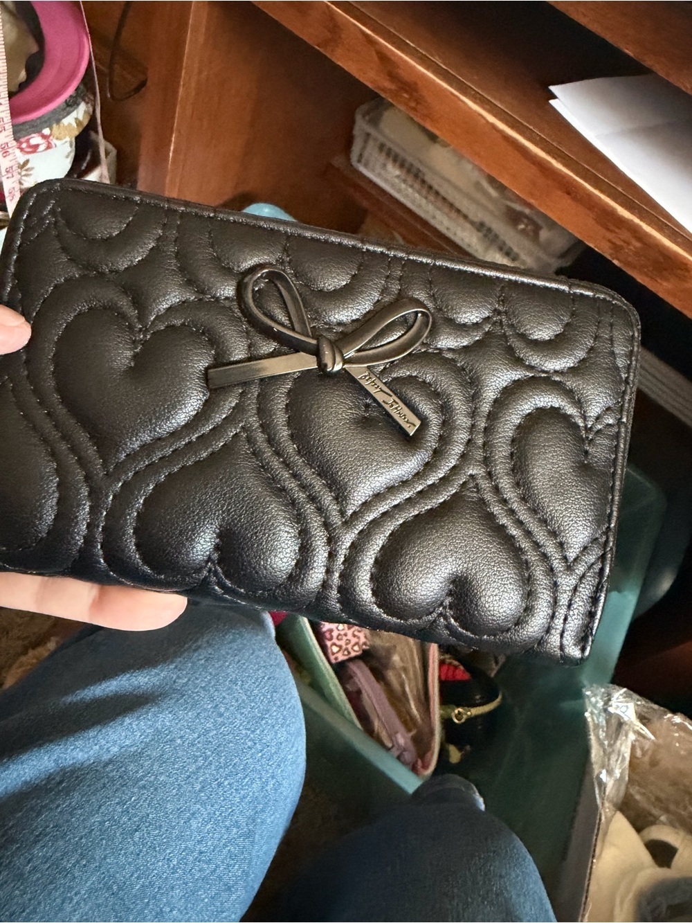 Betsey Johnson Black Quilted Heart Bow Wallet